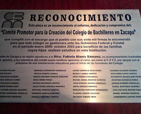 RECONOCIMIENTO PUEBLO DE ZACAPU - Placa fotograbada